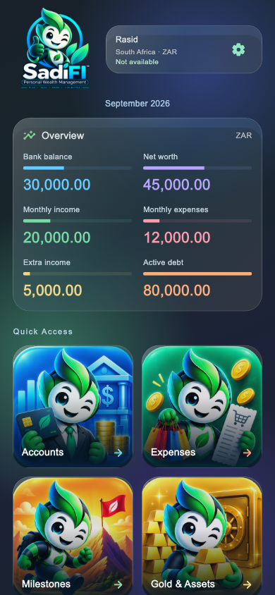 SadiFI Companion overview showing balances, income, expenses and quick access features with sample data